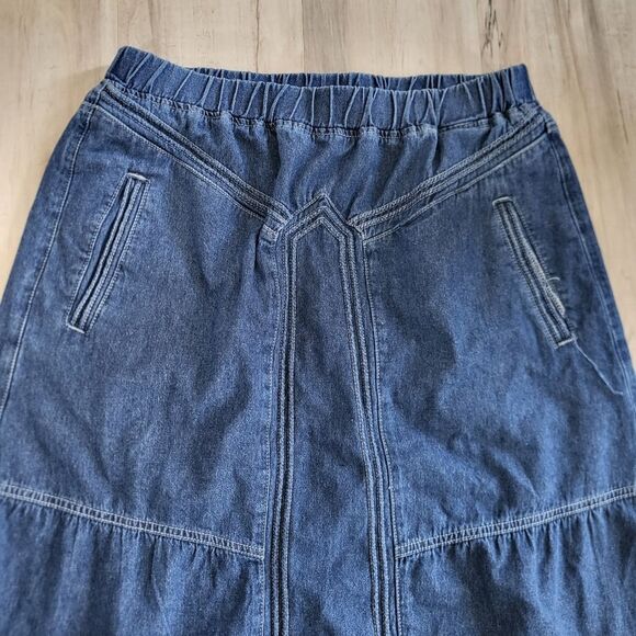 Ebossy Denim Jean Midi Skirt XL Womens Pull On Raw Hem Western Aztec Vintage - Picture 2 of 6